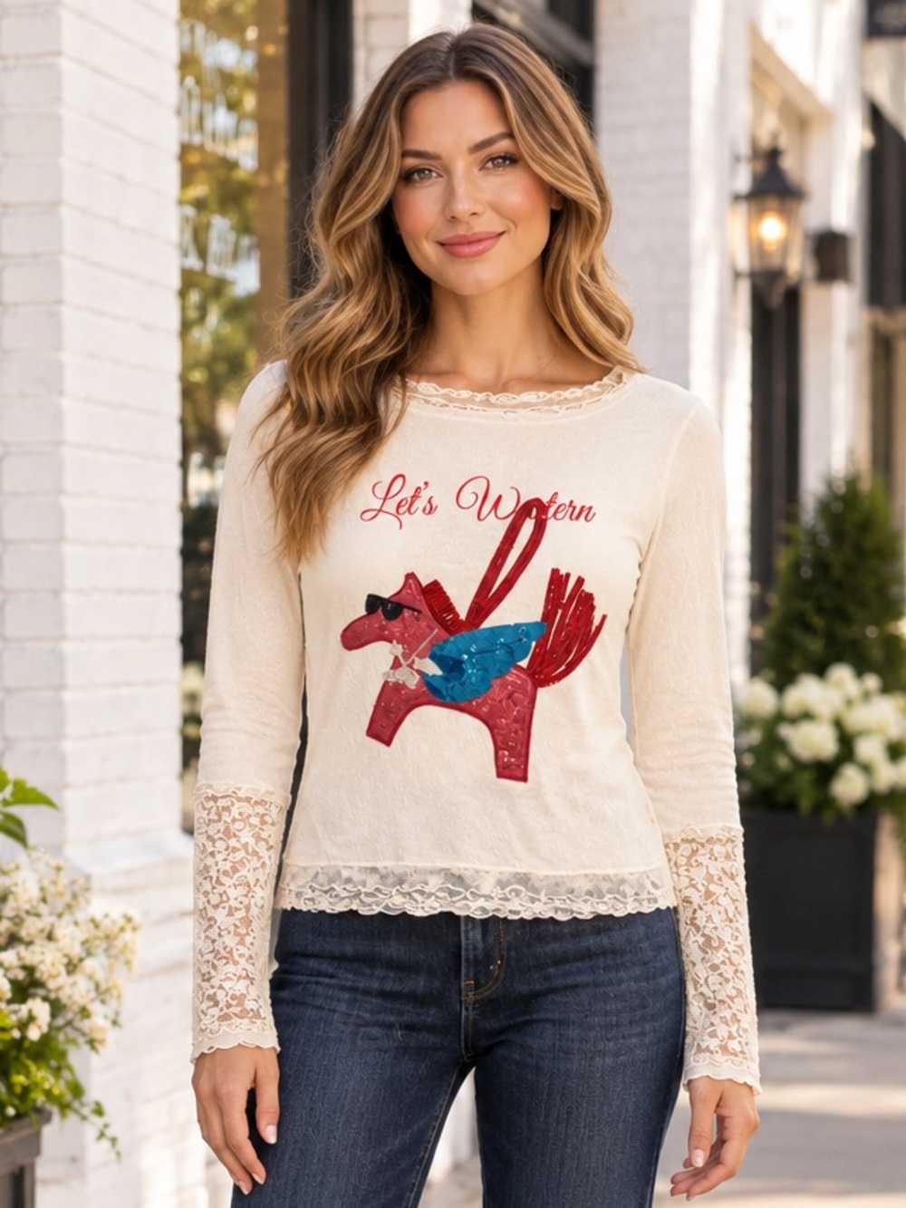 NEW blue b Tan Let's Western Red Sequin Sunglasses Piñata Lace Sleeve T-shirt